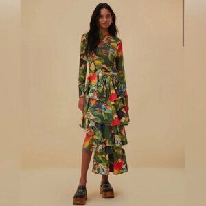 Farm Rio Bird Leaves Sand Tiered Bow Detail Maxi Skirt